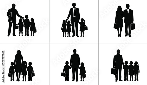 Silhouette people shopping in mall, family buying products, couple carrying bags, woman trying clothes, cashier checkout, retail consumer lifestyle vector