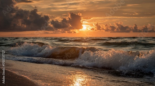 Serene Sunset Over Ocean Waves with Dramatic Clouds and Golden Reflective Light on Water's Surface