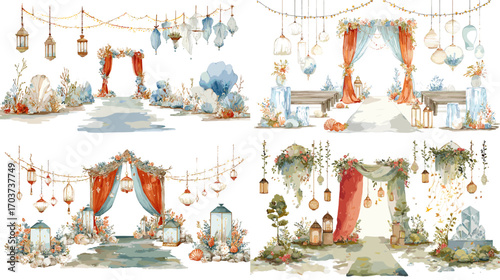 Elegant watercolor illustration of wedding stage decorations with lanterns, drapes, and floral arrangements, ideal for celebration, romance, and event design.