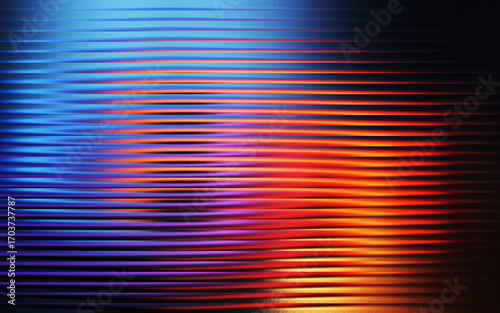 Vibrant horizontal stripes of blue orange and purple colors create an abstract wave pattern background with glass effect
