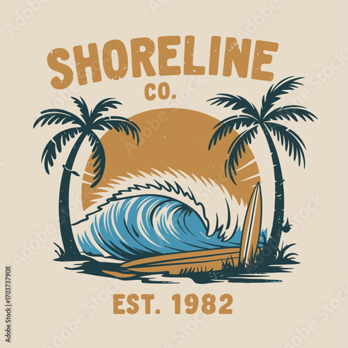 Vintage surf emblem with a big ocean wave and tropical palm trees on a sandy beach at sunset, a retro surfing graphic design print