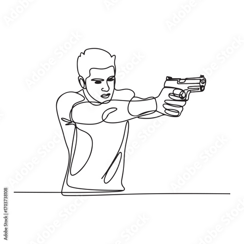 Single continuous line Art drawing of young athlete man shooter holding gun and training to aim target tactical shooting. with white background