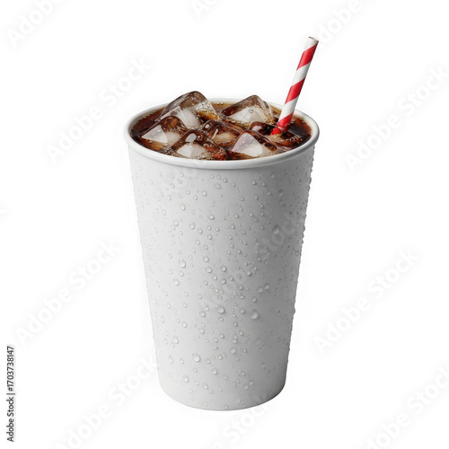 A refreshing cold cola drink with ice and a striped straw, isolated on transparent background