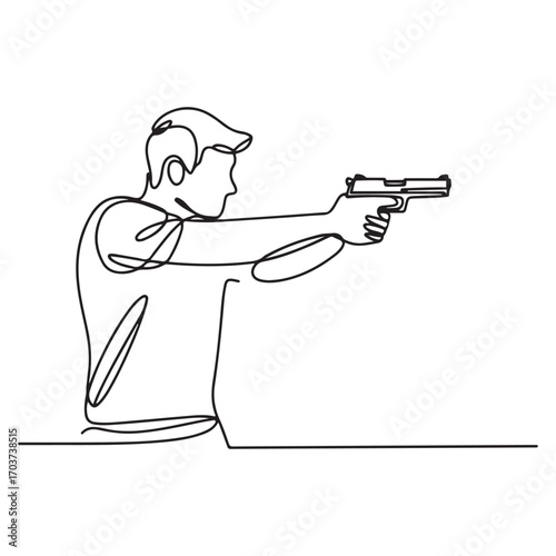 Single continuous line Art drawing of young athlete man shooter holding gun and training to aim target tactical shooting. with white background