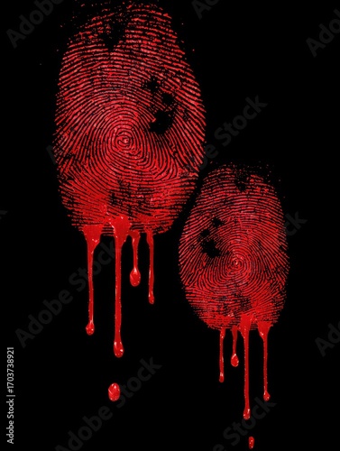 Two crimson fingerprints drip onto a black background, creating a dramatic and slightly unsettling image.  The texture and detail of the prints are clearly visible