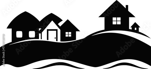 Rising Sea Level with Submerged Houses Silhouette