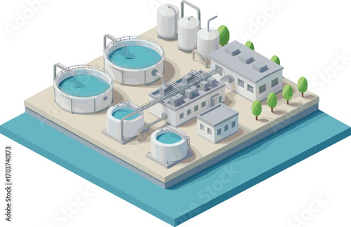 Isometric coastal water treatment plant with filtration tanks and modern infrastructure, clean water purification facility near ocean or river