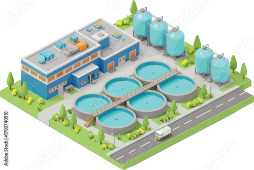 Isometric modern water treatment facility with circular filtration tanks and storage silos, clean utility infrastructure with green landscaping