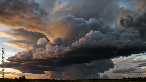 video recording of cumulonimbus formations amassing at the skyline foretelling approaching tempest accompanied by brilliant lightning bolts and deep thunderclaps demonstrating the force and grandeur