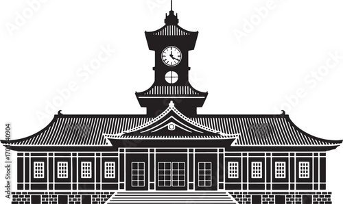 Asian Building Silhouette Vector Illustration with Pagoda Roof and Clock Tower on Transparent