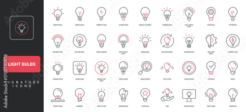 Light bulb, energy saving electric lamp, symbol of creative idea, knowledge and brainstorm line icon set. Different broken and bright lightbulbs thin black and red outline vector illustration
