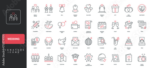 Wedding day, ceremony and dinner planning, bride and groom, bridal banquet line icon set. Fireworks and cake, toast, photo and music, budget thin black and red outline symbols vector illustration