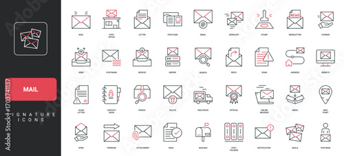 Mail and email, parcel and address, postcard and post office, postmark line icon set. Receive and send letter, open envelope with newsletter thin black and red outline symbols vector illustration