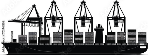 Cargo Ship Silhouette with Cranes and Containers on Transparent Background Vector Illustration
