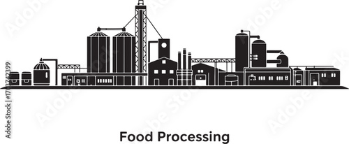 Food Processing Plant Silhouette Vector Illustration with Industrial Landscape Design