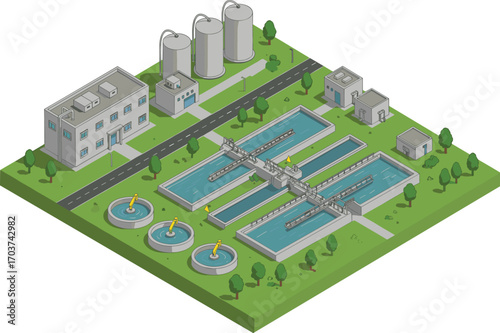Isometric water treatment plant illustration with buildings, clarifiers, tanks, and filters — clean water infrastructure in vector style
