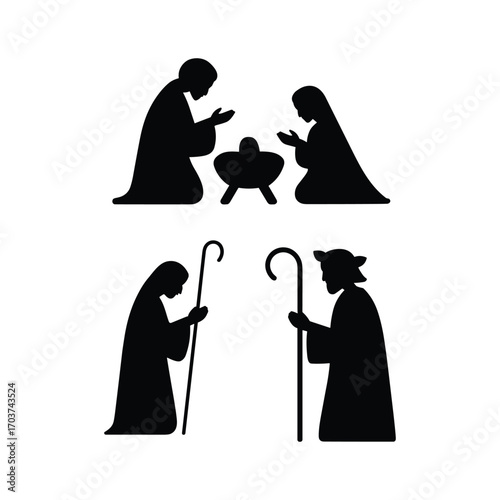 Black silhouette icons of a Nativity scene with shepherds on a white background Christmas religious