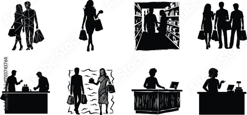 Silhouette people shopping in stores, couple carrying bags, customers browsing aisles, cashier checkout counter, retail lifestyle vector illustration design