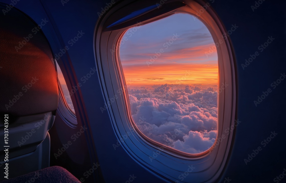 Fototapeta premium Airplane window view of a vibrant sunrise over clouds (1)