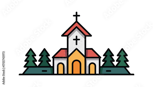 Cartoon church building with steeple and trees on a white background architecture religion