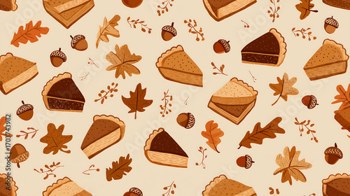 Autumn thanksgiving seamless pattern with pie leaves and acorns design
