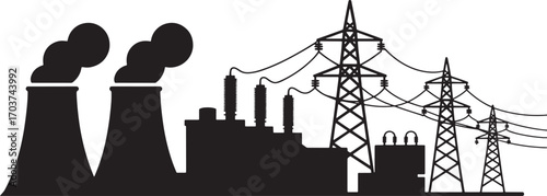 Power Plant and Electrical Grid Silhouette Energy Production and Distribution in Black and White