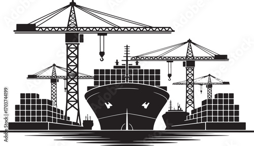 Silhouette of a Busy Shipping Port with Cargo Ships and Cranes for International Trade