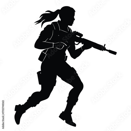 Silhouette of Running Woman Soldier Holding Gun, Tactical Gear Illustration