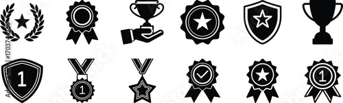 Awards icons collection. Trophy, medal, badge, crown, thumbs vector illustration.