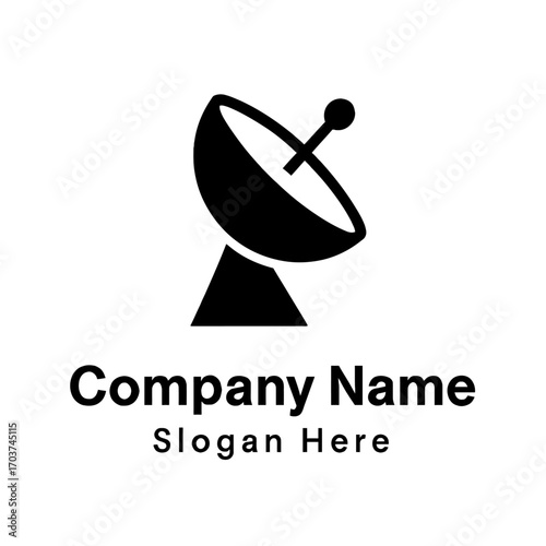 Striking black satellite dish logo, symbolizing global communication, telecommunications, broadcasting, high-speed data transmission, internet connectivity, IT, media, space technology, network soluti