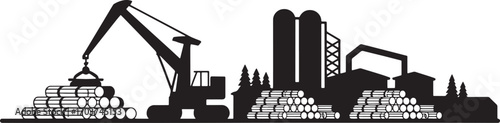 Silhouette Vector Illustration of a Lumber Mill with Crane and Log Stacks in Industrial Area