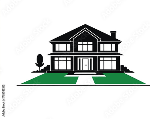 Stylized Suburban Home Vector Illustration with Green Lawn and Walkway on Transparent Backdrop