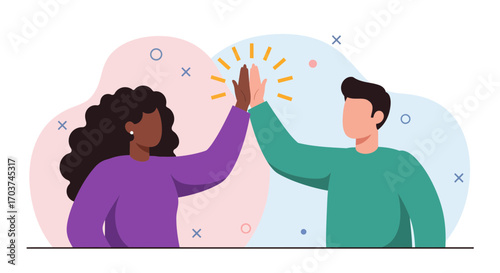 Illustration of two diverse faceless figures giving a high five with celebratory graphics, concept for teamwork, partnership and achievement