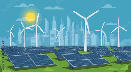 Illustration of solar panels and wind turbines with a city skyline backdrop, clean energy concept. Concept for green power generation, sustainable development and renewable energy solutions