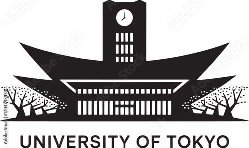 University of Tokyo Silhouette Vector Illustration with Campus Building and Cherry Trees