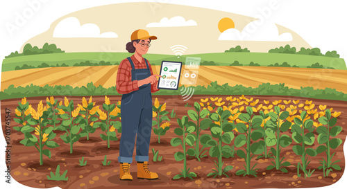 Female farmer using tablet in agricultural field with sunflowers and green plants, concept for smart farming, precision agriculture and crop monitoring