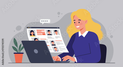 Blonde woman working on laptop, looking at candidates profiles on the screen. Concept for recruitment platform, talent acquisition and job searching, HR management