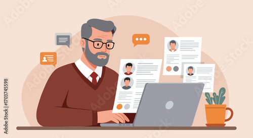 Senior man reviewing CVs on laptop with speech bubbles, wearing glasses and tie, in vector illustration. Concept for recruitment process, talent search and human resources management