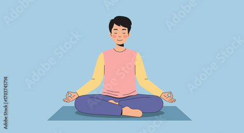 Cartoon illustration of a man meditating in lotus position on a blue mat against a light blue background. Concept for relaxation practice, mindfulness training and stress reduction therapy