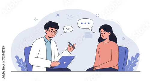 Doctor consulting with a sad female patient with speech bubbles on light purple background. Concept for mental health support, psychology counseling and healthcare professional services