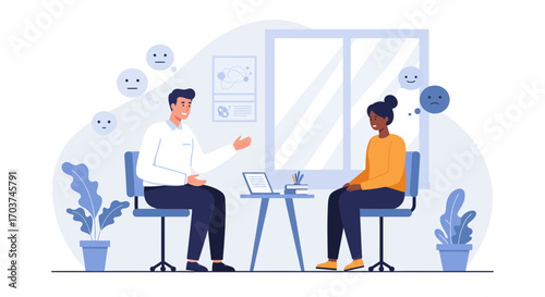 Two people are in a counseling session with emotion bubbles floating above them, concept for mental health, patient care and emotional support