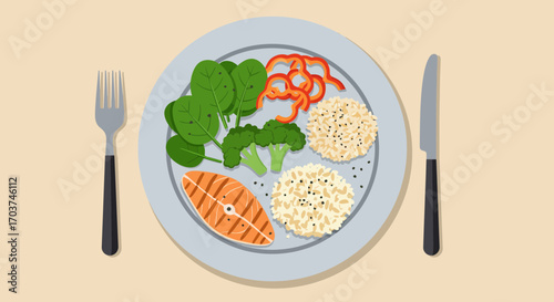 Top view of a plate with salmon, spinach, broccoli, rice and peppers with cutlery arranged on the sides, concept for healthy eating, balanced diet and food styling, nutrition guide