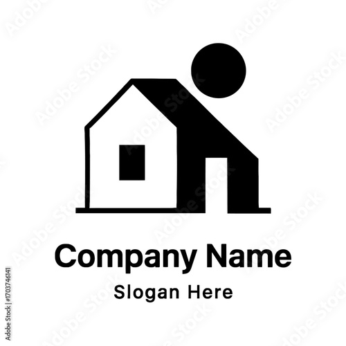 Minimalist House Logo Design, Abstract Home Icon with Square Window, Door, & Modern Circular Element for Real Estate, Property, Construction, Housing, Architecture, Community, Development, Residential