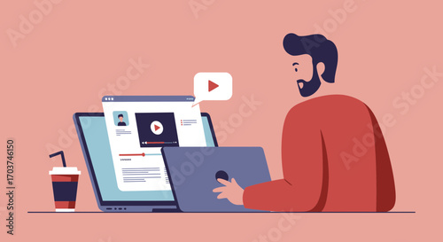 Illustration of a man using laptop with video streaming interface, accompanied by drink, concept for online learning content, digital entertainment and freelance work productivity
