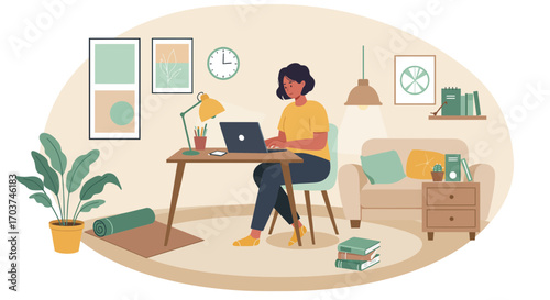 A woman working from home on a laptop at her desk in a cozy room with plant, concept for remote work, healthy lifestyle and home office setup