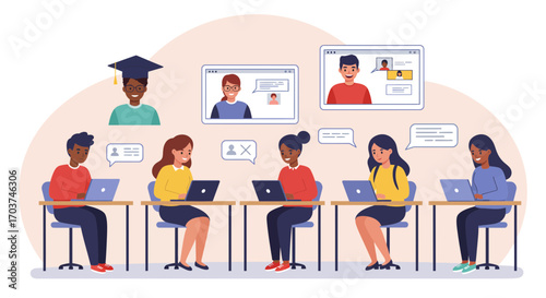 Illustration of students in online class using laptops with teachers on screens, showing virtual graduation. Concept for distance learning, remote education and digital communication
