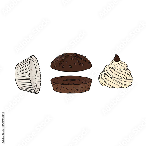 Creative cooking concept of a disassembled cupcake showing the liner, chocolate cake, and whipped cream topping