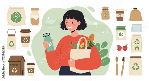 Smiling woman holding reusable bag filled with groceries and water bottle, concept for sustainable lifestyle, eco-friendly shopping and zero waste movement