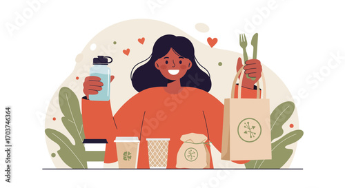 Smiling woman holding reusable water bottle, tote bag with cutlery and eco containers, concept for sustainable living, environmental awareness and eco-friendly lifestyle
