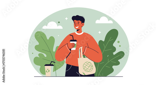 Smiling man holds a coffee cup and reusable bag with green leaves background, concept for sustainable lifestyle, environmental awareness and eco-friendly initiatives